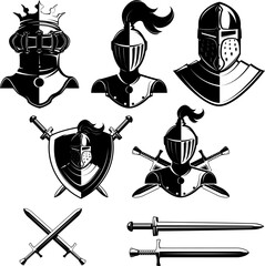 Set of knights helmets isolated on white background. Design elements for logo, label, emblem, sign, badge, brand mark.