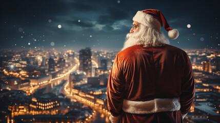 Fototapeta na wymiar Santa Claus looks down on the city waiting to deliver the presents