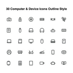 Illustration vector graphic icon of 30 Computer And Device Icons Set. Outline Style Icon. Vector illustration isolated on white background. Perfect for website or application design.