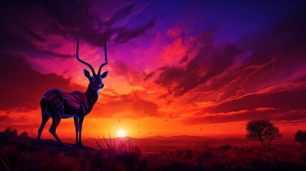 A Saola silhouetted against a dramatic sunset, with the sky ablaze in vivid oranges and purples, creating a breathtaking scene.