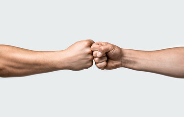 Fist bump. Clash of two fists, vs. Gesture of giving respect or approval. Friends greeting....