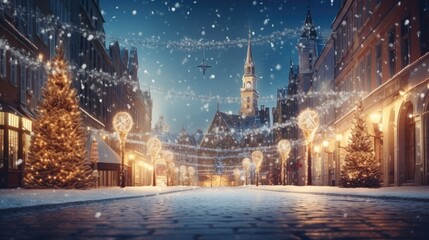 Winter night scene, town square with glowing ornaments, clock tower centerpiece, snowflakes falling. Festive cityscape ambiance.
