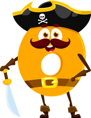 Cartoon funny number zero pirate and corsair character. Isolated vector school numeral 0 captain, educational personage featuring tricorn hat, sword, playful smiling face and bright yellow color