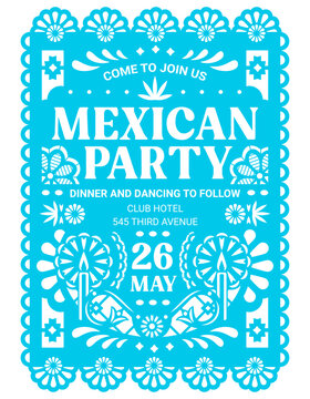 Mexican party flyer papel picado paper cut flag banner. Mexico fiesta carnival invitation, vector flag made of blue color paper with perforated pattern of candles, flowers and ethnic latin ornaments