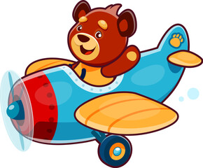 Cartoon cute bear animal character on plane or airplane, kid vector animal pilot. Funny smiling bear aviator or pilot flying on toy airplane for kids mascot or adorable cheerful zoo personage
