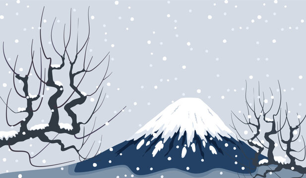 Vector drawing of Fuji mountain and snow flake in winter season, dried branches of trees on cloudy and light blue sky background