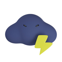 3D render cloud icon with thunder in cute style on yellow background.