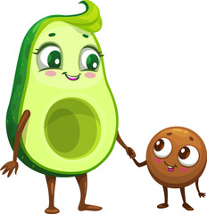 Cartoon Mexican cheerful avocado father and child characters, vector emoji or kawaii emoticon. Avocado family parent mother or father holding kid avocado seed by hand with happy smiling face