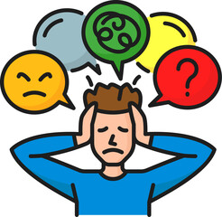 Mental health icon, intrusive thoughts psychological disorder problem. Vector sign of man suffering from persistent thought bubbles with swirling tendrils, unwelcome thought that intrude upon the mind