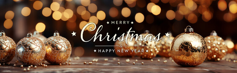 Naklejka premium Christmas card greetings with golden decorations, baubles and bokeh. Merry Xmas. Happy New Year. Generative Ai