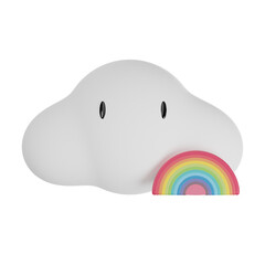 3D render cloud icon and rainbow in cute style on yellow background.