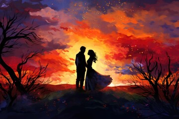 Sunset landscape featuring couple, with fiery sky, sea views, and tree silhouettes adding depth. Romance in wilderness.