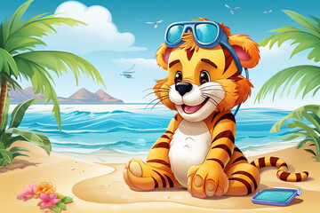 cartoon illustration of a cute tiger on the beach