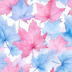 Watercolor Maple Leaves Pink Blue Fall Seamless