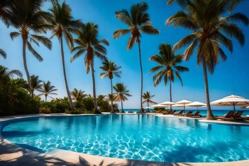 Fototapeta na wymiar A beach and a sea are close, together with palm trees, a clear sky, and an opulent pool