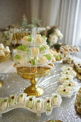 Festive buffet is served with sweet pastries and cakes.