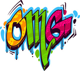 OMG graffiti street art, urban style. Street artwork scribble, wall graffiti slogan or teenage spray paint isolated vector tag. Hip Hop culture print with orange, green and pink paint, OMG text