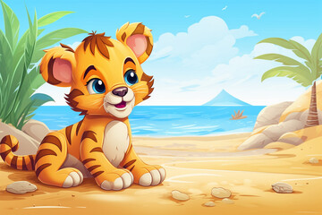 cartoon illustration of a cute tiger on the beach