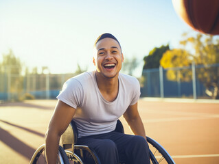 Sporty young man with ball sitting in wheelchair outdoors at basketball court. 
Basketball player, portrait of man in wheelchair for sports, fitness and training game on court.  - obrazy, fototapety, plakaty