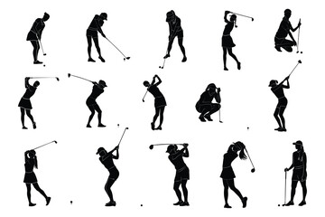 Vector silhouettes of collection of female golf players, equipment for design in trendy flat style isolated on white background. Symbols for designing your website, logo, app, publications.