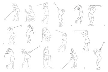 Line art Vector silhouettes of collection of female golf players, equipment for design in trendy flat style isolated on white background. Symbols for designing your website, logo, app, publications.