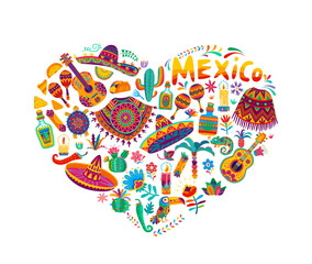 Love Mexico heart shape with mariachi musical instruments, sombrero, poncho, cactus and flowers. Mexican holidays vector pattern of cartoon guitar, maracas, tequila and tex mex food, chili and taco