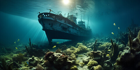 A large shipwreck at the bottom of the sea - obrazy, fototapety, plakaty