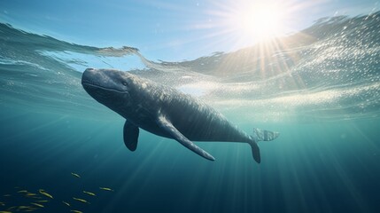A serene above-water view of a narwhal breaching the surface, water droplets glistening in the...