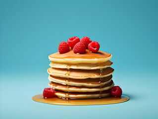 Pancakes with raspberry on blue minimalism background. High-resolution