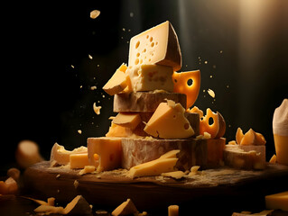 Cinematic photo of cheese on a dark background. High-resolution
