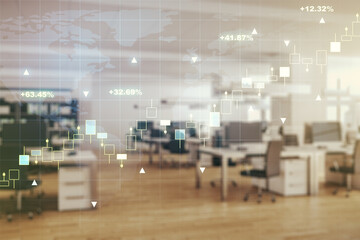 Abstract creative financial graph interface and world map on a modern furnished office background, forex and investment concept. Multiexposure