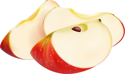 Realistic red apple fruit, slices. Isolated 3d vector fresh, crisp sweet natural delight. Ruby-red wedges, healthy and delicious snack, bursting with flavor and juiciness in each mouthwatering bite - obrazy, fototapety, plakaty