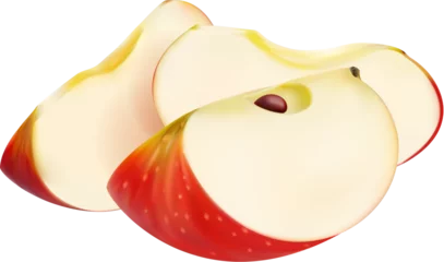 Fotobehang Realistic red apple fruit, slices. Isolated 3d vector fresh, crisp sweet natural delight. Ruby-red wedges, healthy and delicious snack, bursting with flavor and juiciness in each mouthwatering bite © Vector Tradition