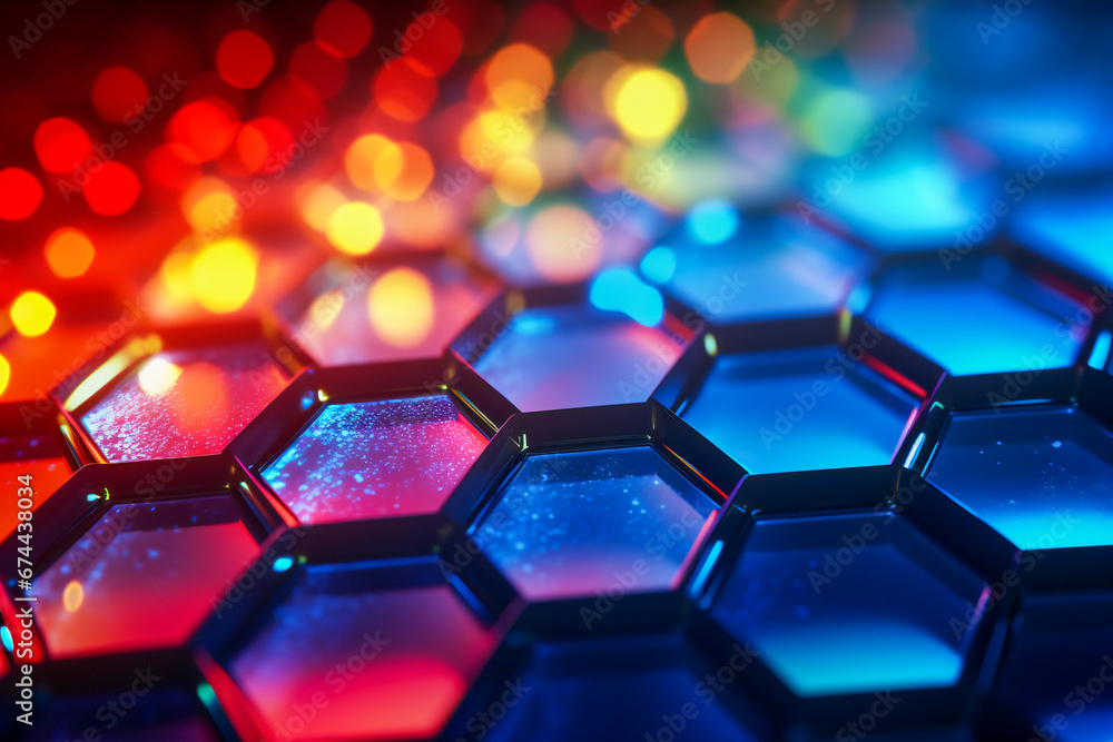 Aufkleber colored luminous various hexagon cells. abstract science composition with shallow depth of field.