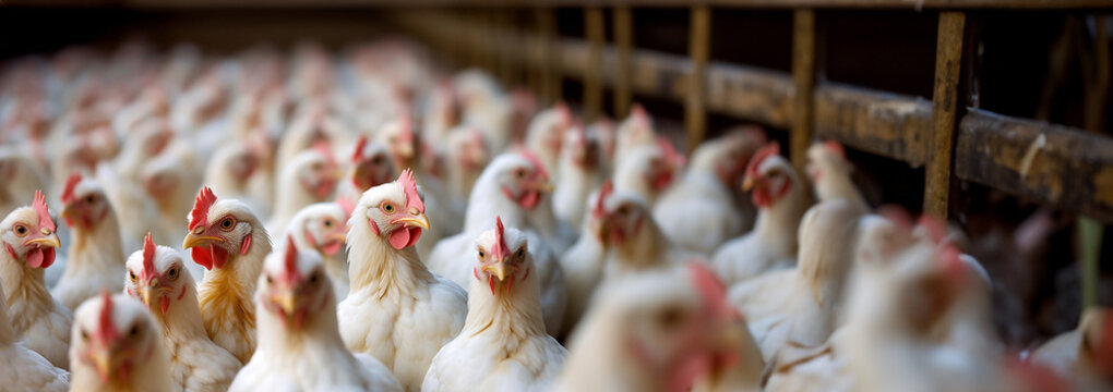 Broiler chicken industry. Broiler or Cornish chicken farm indoors. Meat and breeder farm industry. Ready for slaughter. crammed together