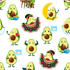 Cartoon avocado characters seamless pattern, vector background. Funny cute avocado in Mexican clothes, eating nachos chips with guacamole salsa, working on laptop and sending love message in pattern