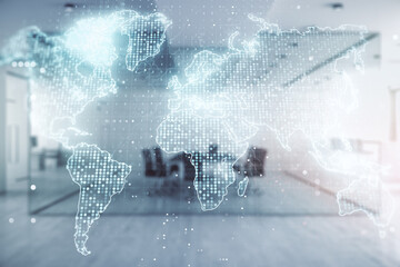 Double exposure of abstract digital world map on modern corporate office background, research and strategy concept