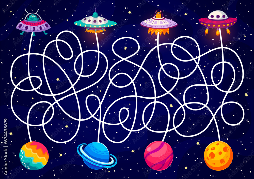 Poster galaxy space labyrinth maze. help to ufo find a planet kids game vector worksheet. cartoon fantasy s
