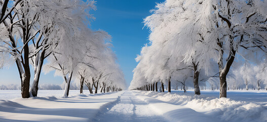 Beautiful landscape, snowy road in the forest between the trees, winter sseason.