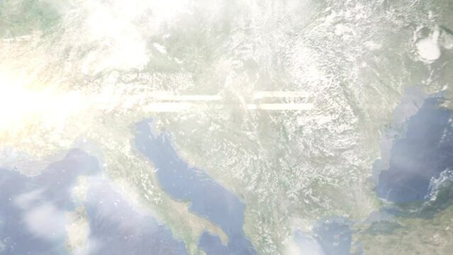 Zoom in from space and focus on Dakovo, Croatia. 3D Animation. Background for travel intro. Elements of this image furnished by NASA