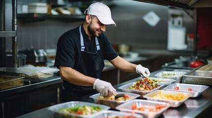 The chef in restaurant kitchen finishes the food ready for delivery in takeaway packages - obrazy, fototapety, plakaty