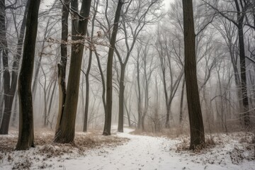Snowfall park forest walk. Wood natural timber frosty. Generate Ai