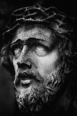 Marble antique beautiful statue  of suffering of Jesus Christ crown of thorns (religion, faith, death, resurrection, eternity concept). Vertical image.