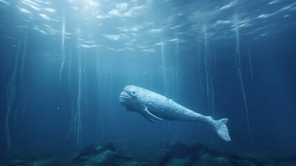 A submerged narwhal gracefully gliding past an underwater ice formation, highlighting the stark beauty of the Arctic environment.