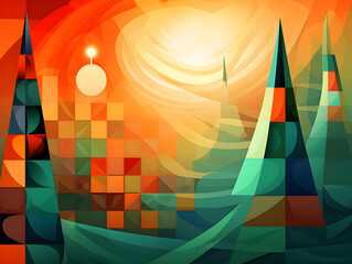 Cubist-style Christmas wallpaper with colorful geometric shapes and sparkling stars.