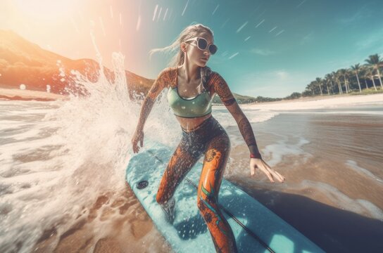 Female surfer fun summer time. Sport ocean wave action. Generate Ai