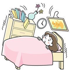 震災時に危険な寝室で眠る女性