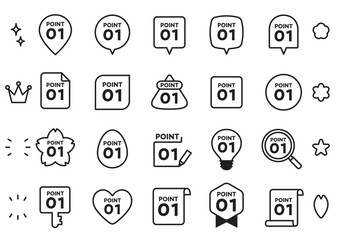 ポイント数字のかわいい吹き出しとアイコンセット　線画　文字あり