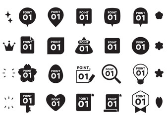 ポイント数字のかわいい吹き出しとアイコンセット　スミベタ　モノクロ　文字あり