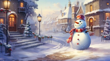 Obraz premium Bright snowman, Christmas morning, the background is a house